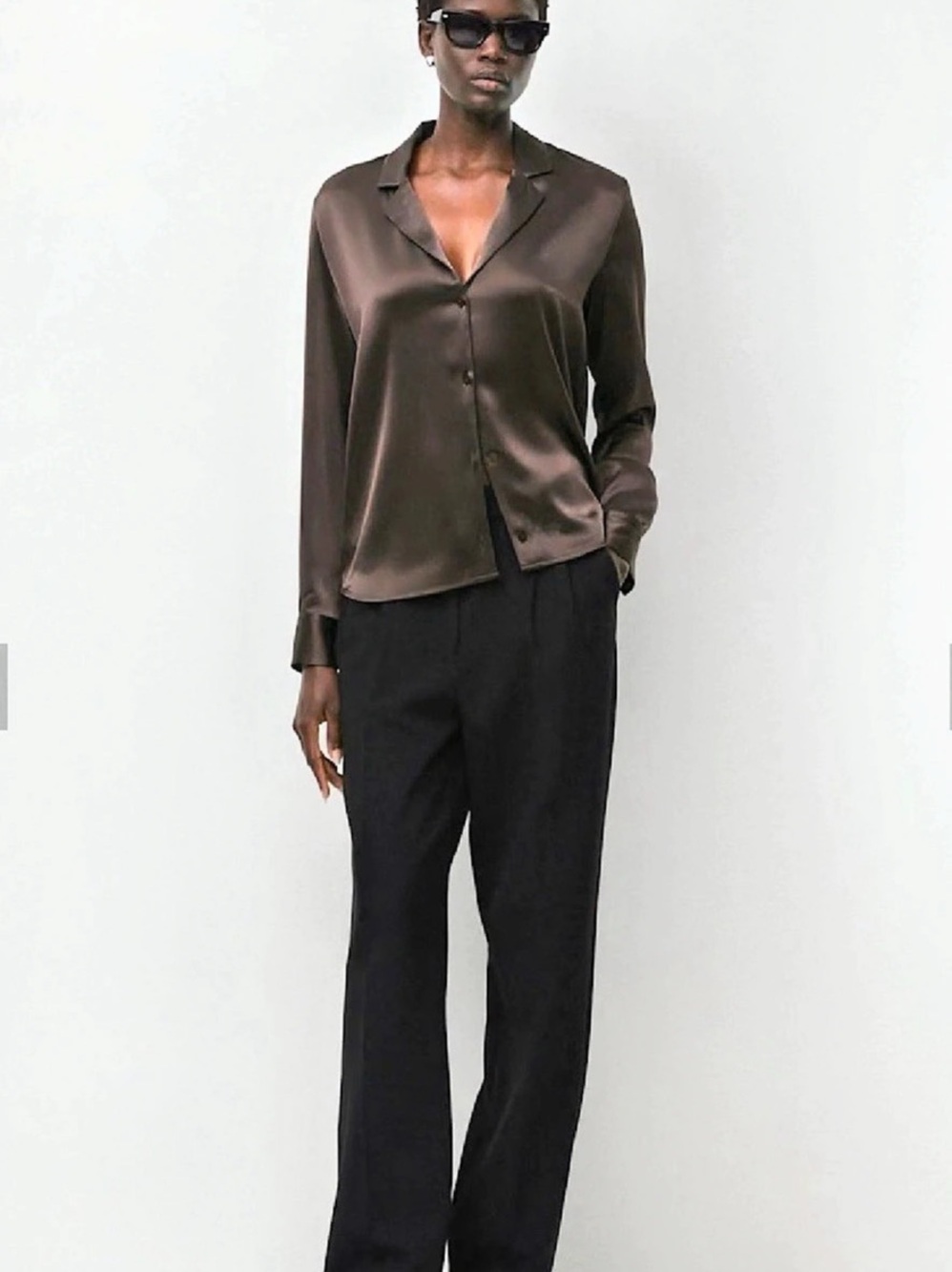 Babaton Dover Satin Button Down Shirt in Rich Mocha Brown Classic Minimalist XL